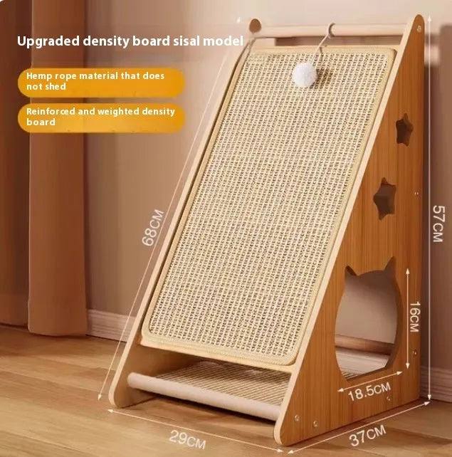 Vertical wall-mount cat scratch board with sisal fabric, hemp rope, and integrated teasing ball