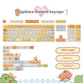Sublimation printed mechanical keyboard keycap sets showing cartoon pig, capybara, and candy designs.