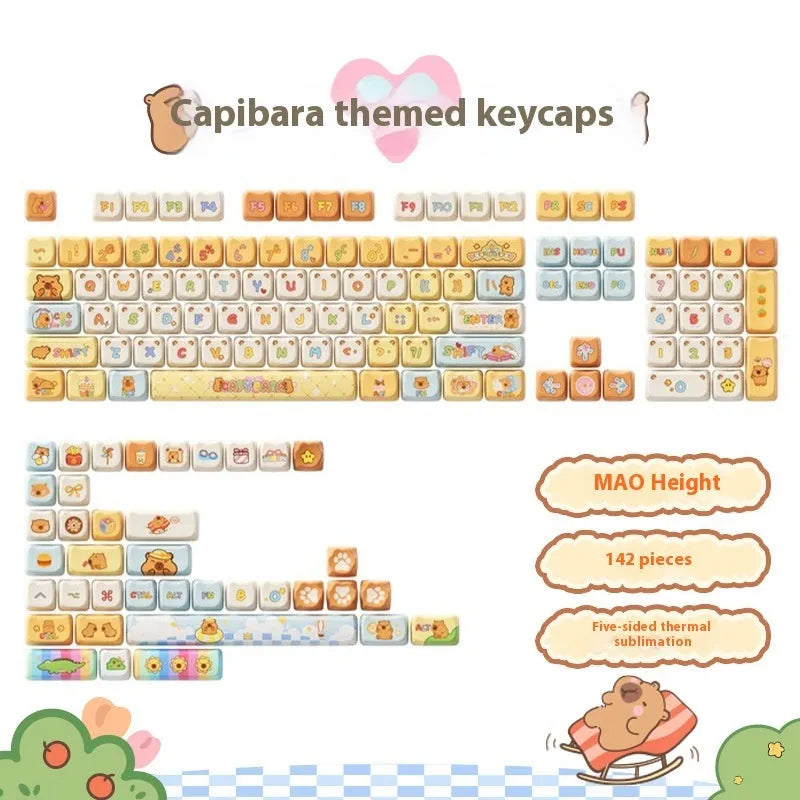 Sublimation printed mechanical keyboard keycap sets showing cartoon pig, capybara, and candy designs.