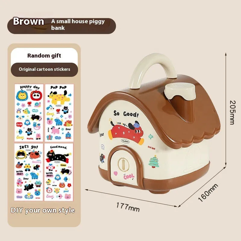 Red and brown cartoon-style desktop storage organiser with grid pattern and sticker set for labelling.