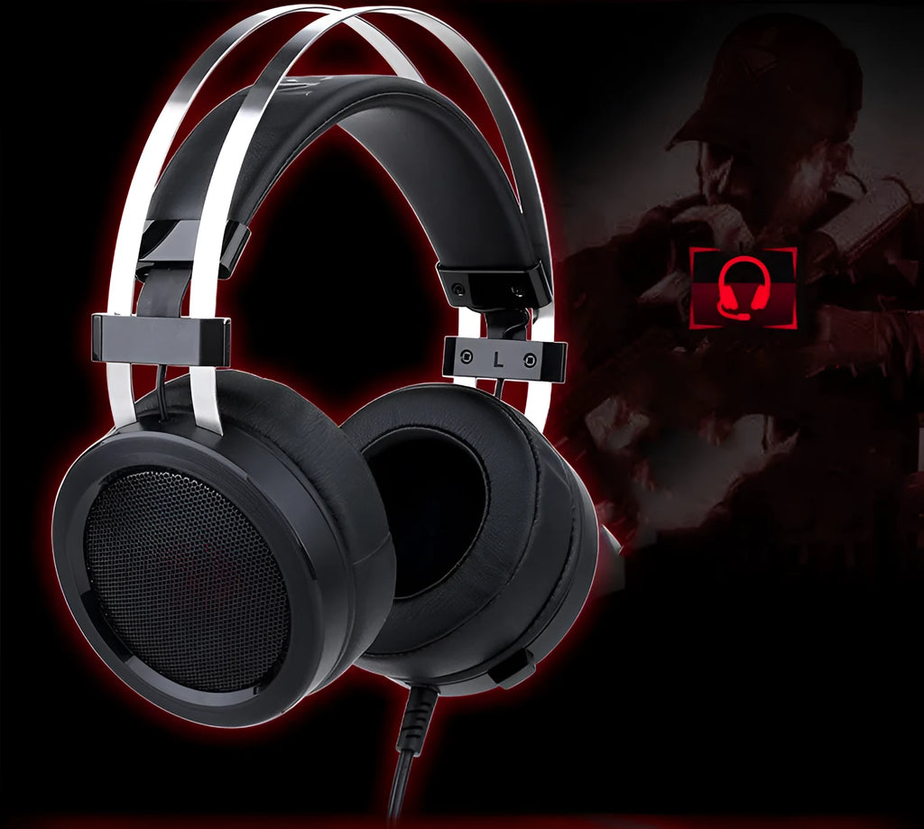 Black wired over-ear computer gaming headset with a long cable and a 3.5mm plug.