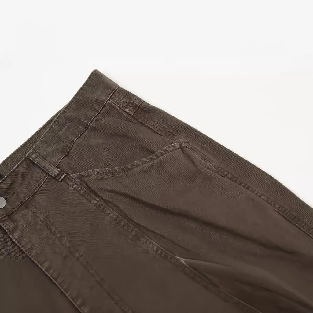 Men's brown loose fit straight leg trousers with high waist and zipper fly opening
