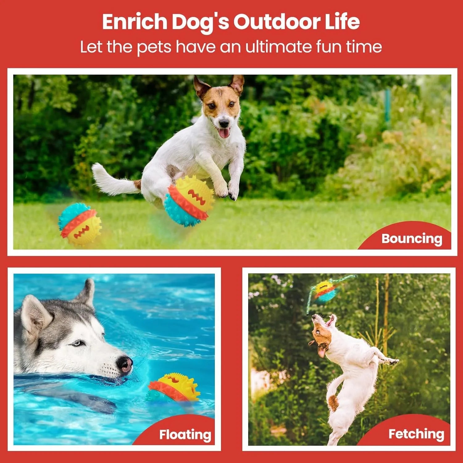 Blue and red ball-shaped dog chew toy with dental bumps and treat dispenser hole