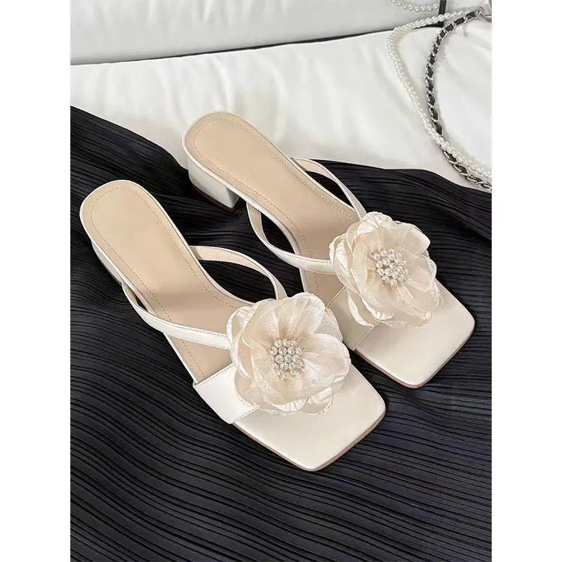 Women's Korean-style sandals with chunky heel, square toe, and satin upper in cream-white colour