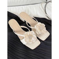 Women's Korean-style sandals with chunky heel, square toe, and satin upper in cream-white colour