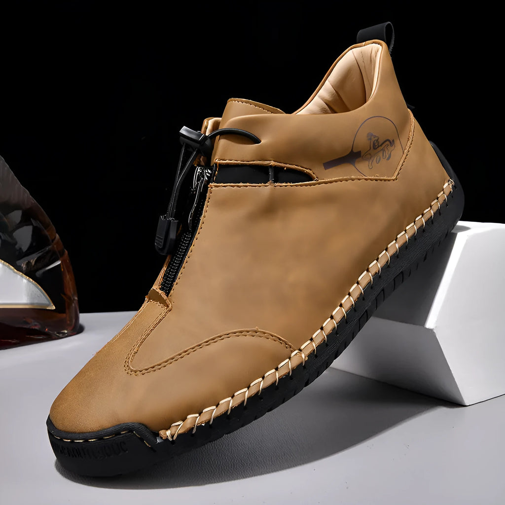 Men's green casual leather shoes with a round pointed toe and a mid-heel for height increase.