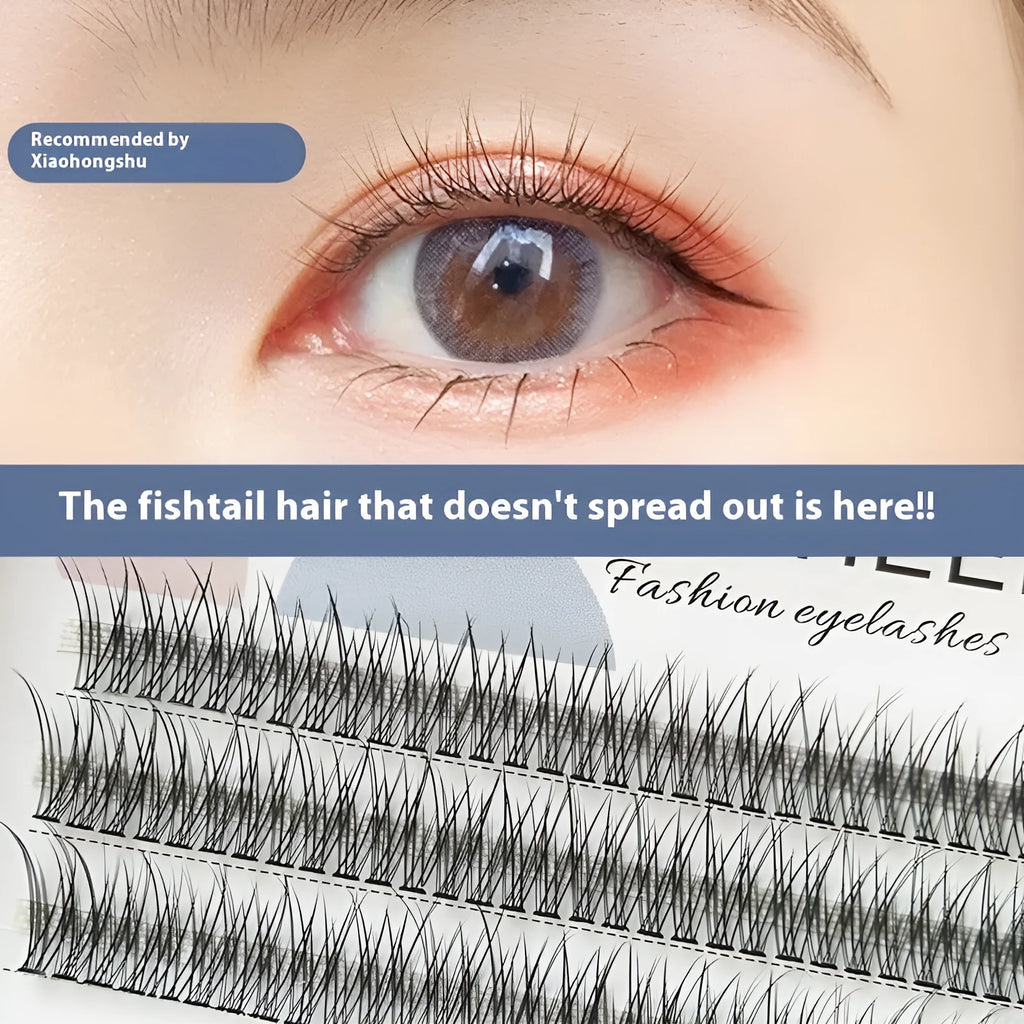 Black V-shaped fishtail false eyelashes with thick segment design in 8mm to 12mm lengths