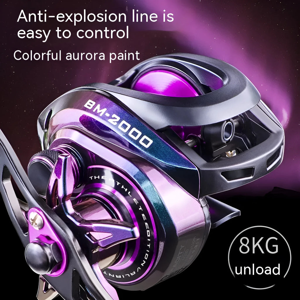 BM2000 fishing reel model showing magnetic brake system, available in left-hand and right-hand versions.