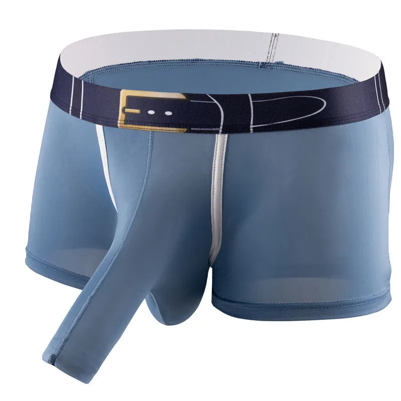 A pair of solid colour men's ice silk boxers laid flat, showing the mid waistband design.
