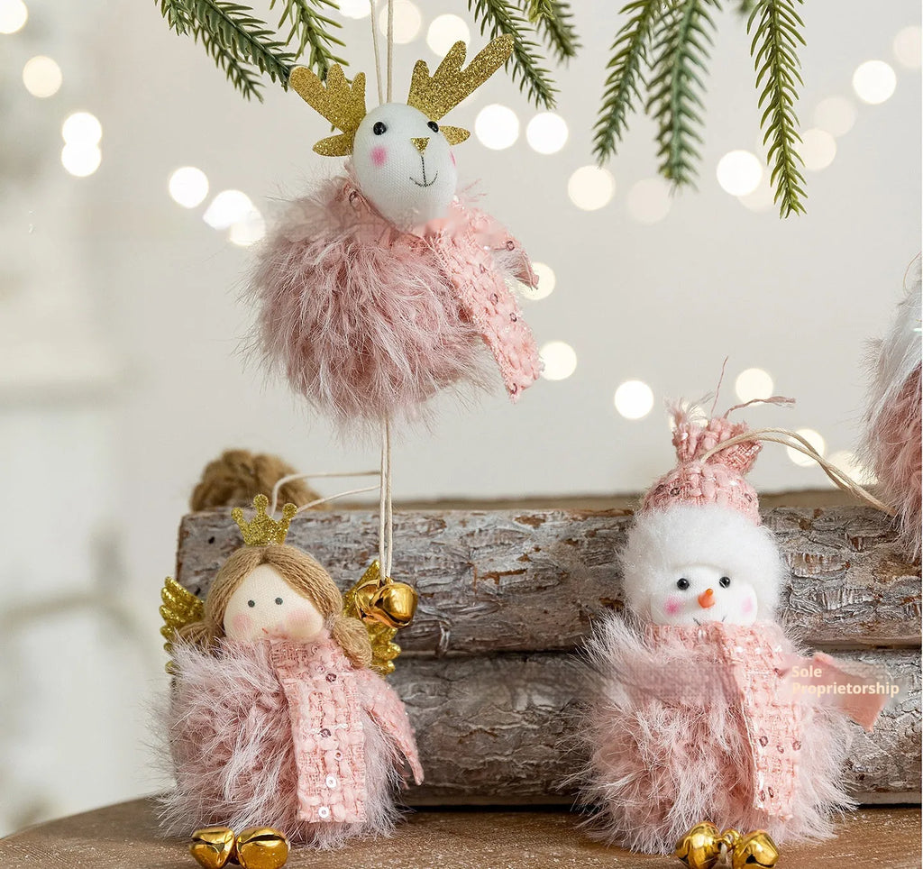 Pink plush snowman Christmas tree hanging decoration with stitched face