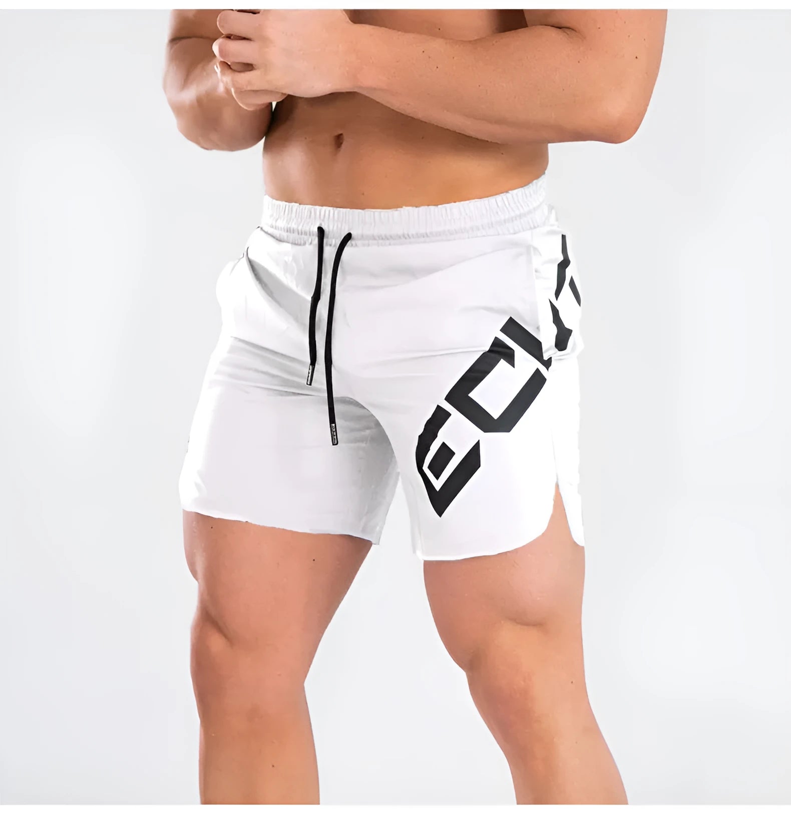 Men's black quick-dry elastic waist running shorts on a white background.