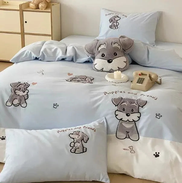 Cartoon Schnauzer dog pattern printed on a cotton bedding set showing quilt cover, sheet, and pillowcases