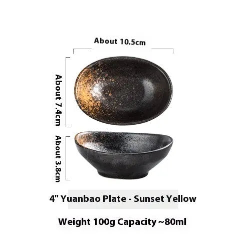 Oval Japanese ceramic sauce dipping bowl on a table, showing its 5cm height and decorative underglaze pattern.