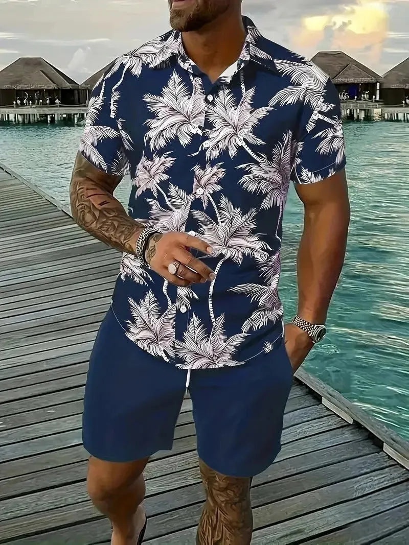 Men's 3D printed Hawaii-style short sleeve top and matching shorts casual summer suit