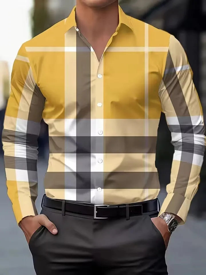 Men's striped long sleeve button-up shirt with lapel collar in polyester fabric