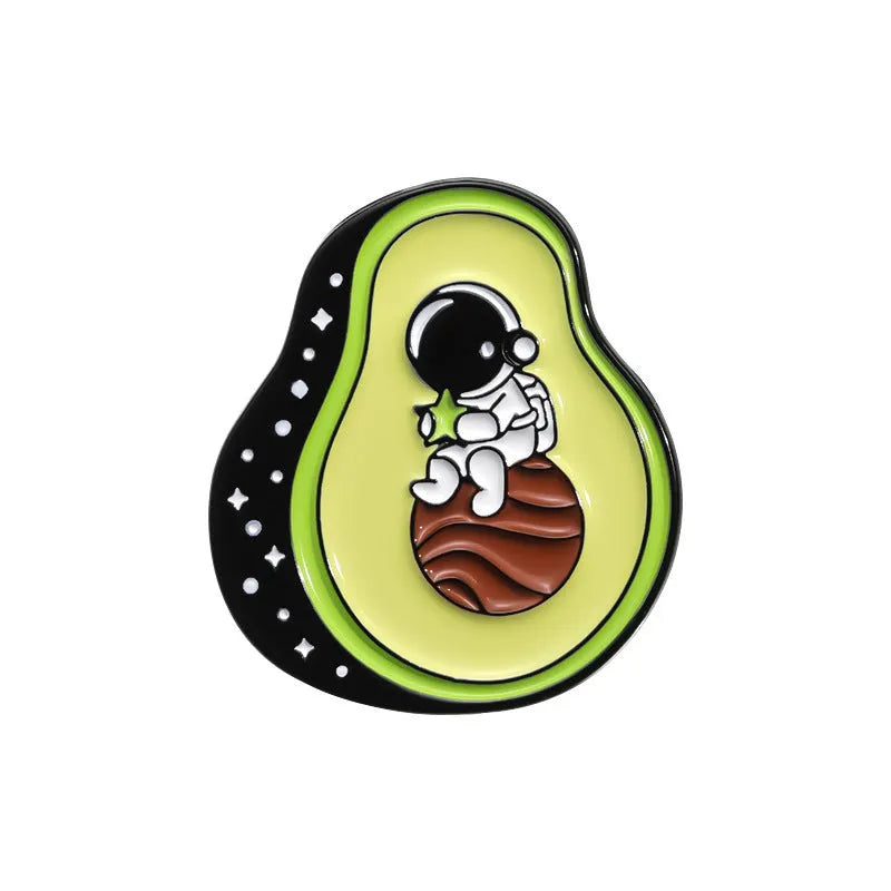 Colourful cartoon fruit design on a silver-toned zinc alloy metal brooch with pin clasp.