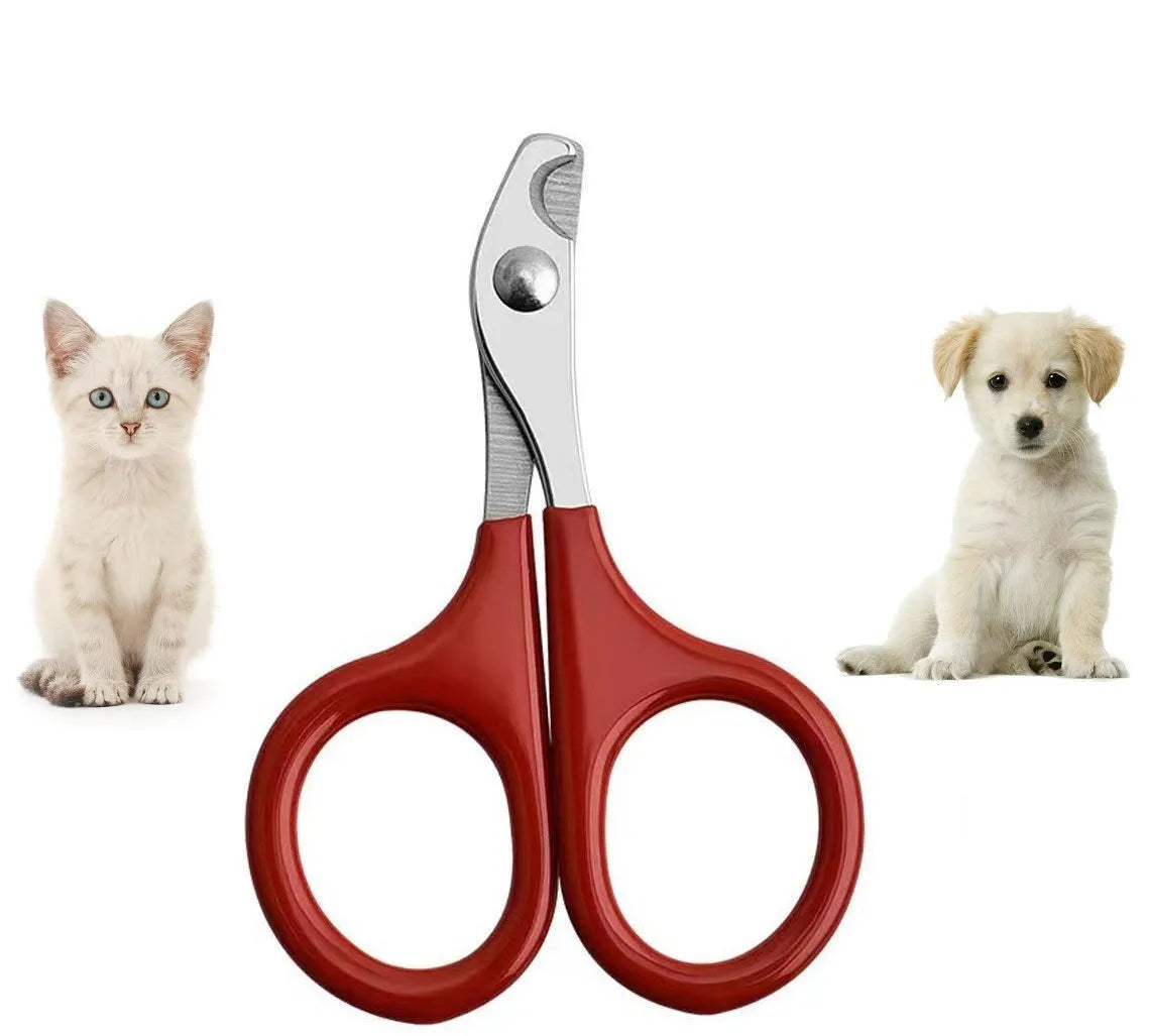 Stainless steel pet nail clippers with plastic and rubber handle for trimming cat and dog claws