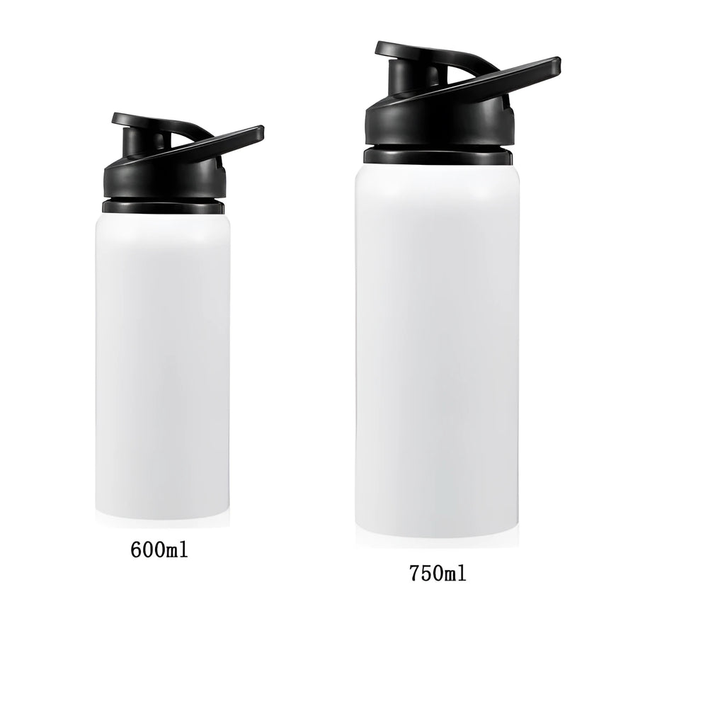 White aluminium cycling water bottle shown in 600ml and 750ml capacity options