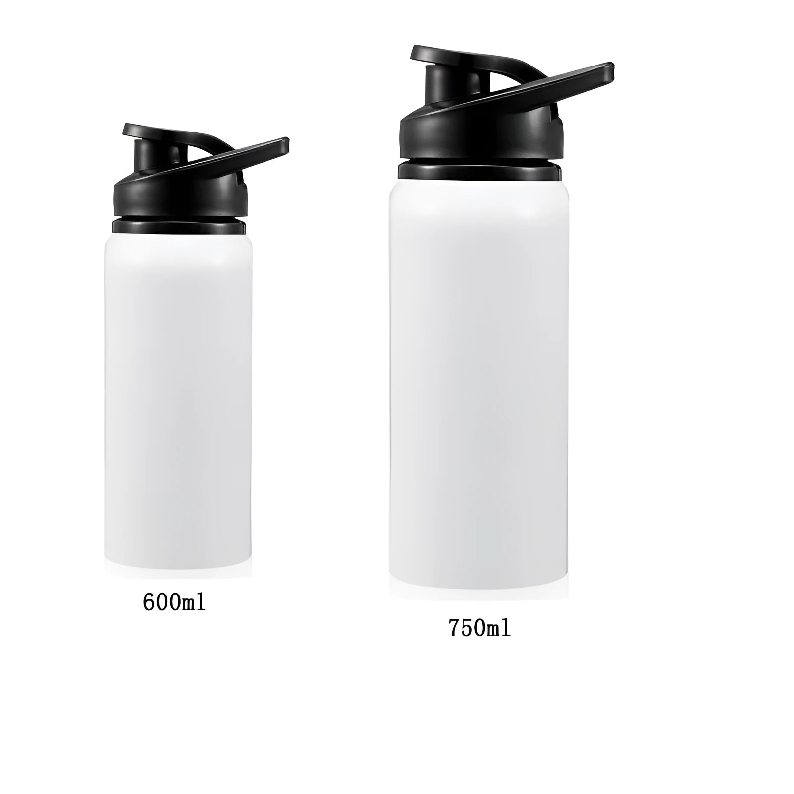 White aluminium cycling water bottle shown in 600ml and 750ml capacity options