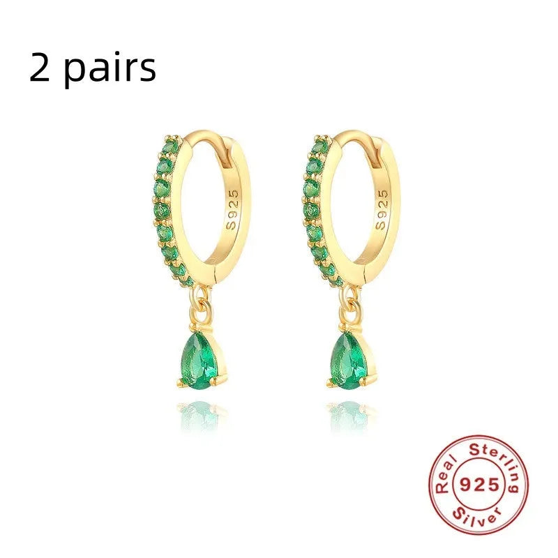 S925 sterling silver geometric water drop earrings with electroplated finish and gemstone accents