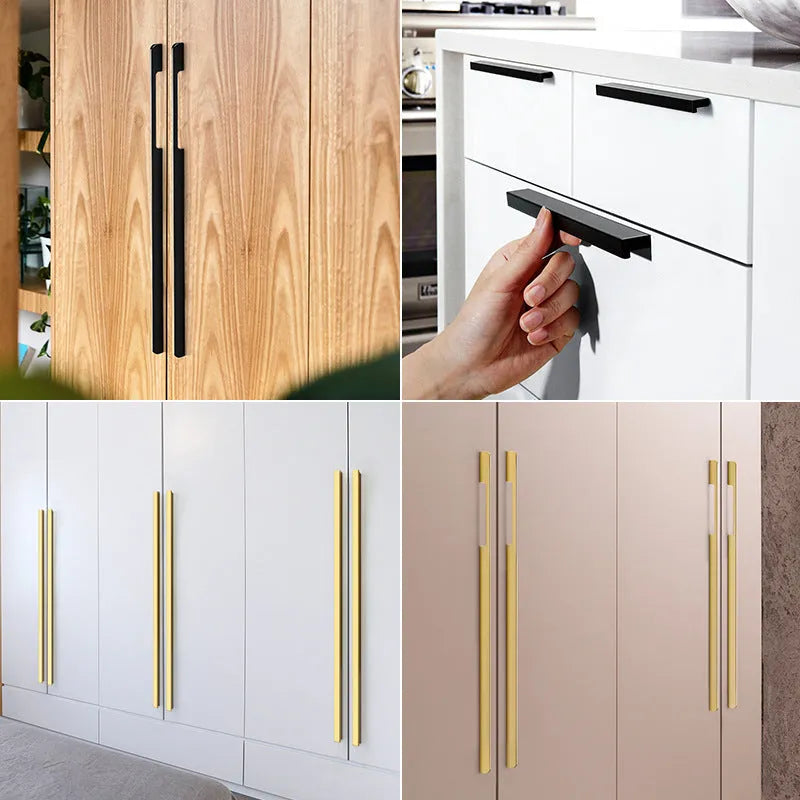 Modern gold aluminium alloy single-hole cabinet handle with T-shape design.