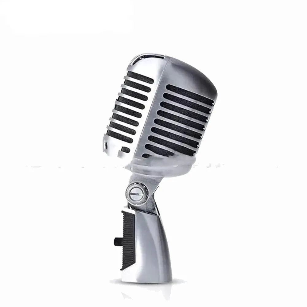 Silver retro dynamic stage microphone with all-metal construction and classic design