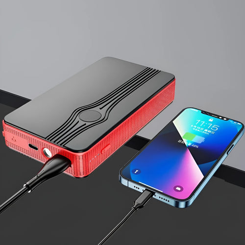 Red K4-E automobile emergency jump starter and power bank with data cable, compact rectangular design