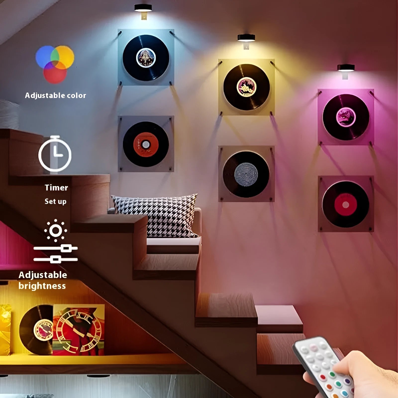 Wireless remote-controlled LED lamp with magnetic belt mount in black, white, or gold finish.