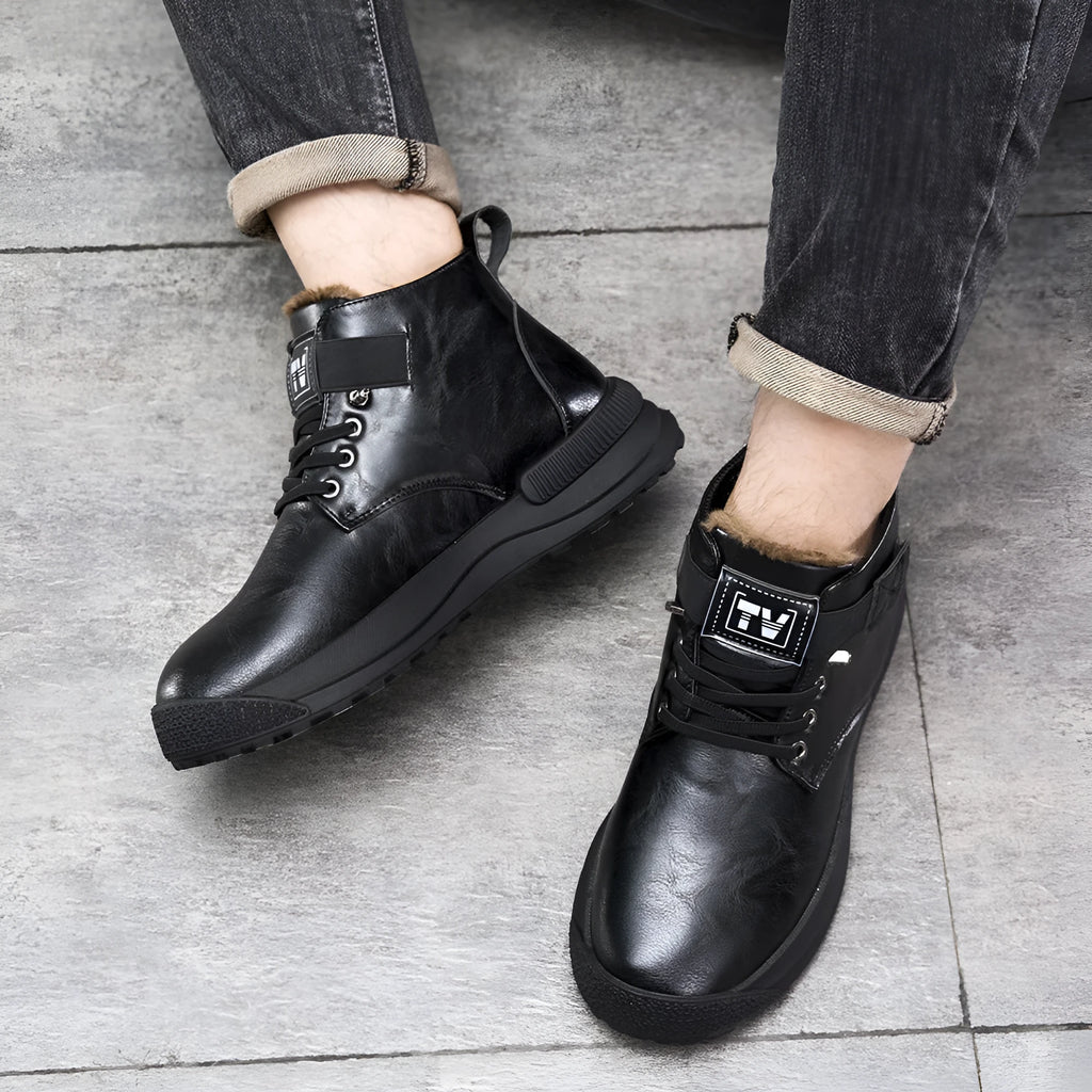 Black and brown platform Martin boots with high-top design and rubber sole