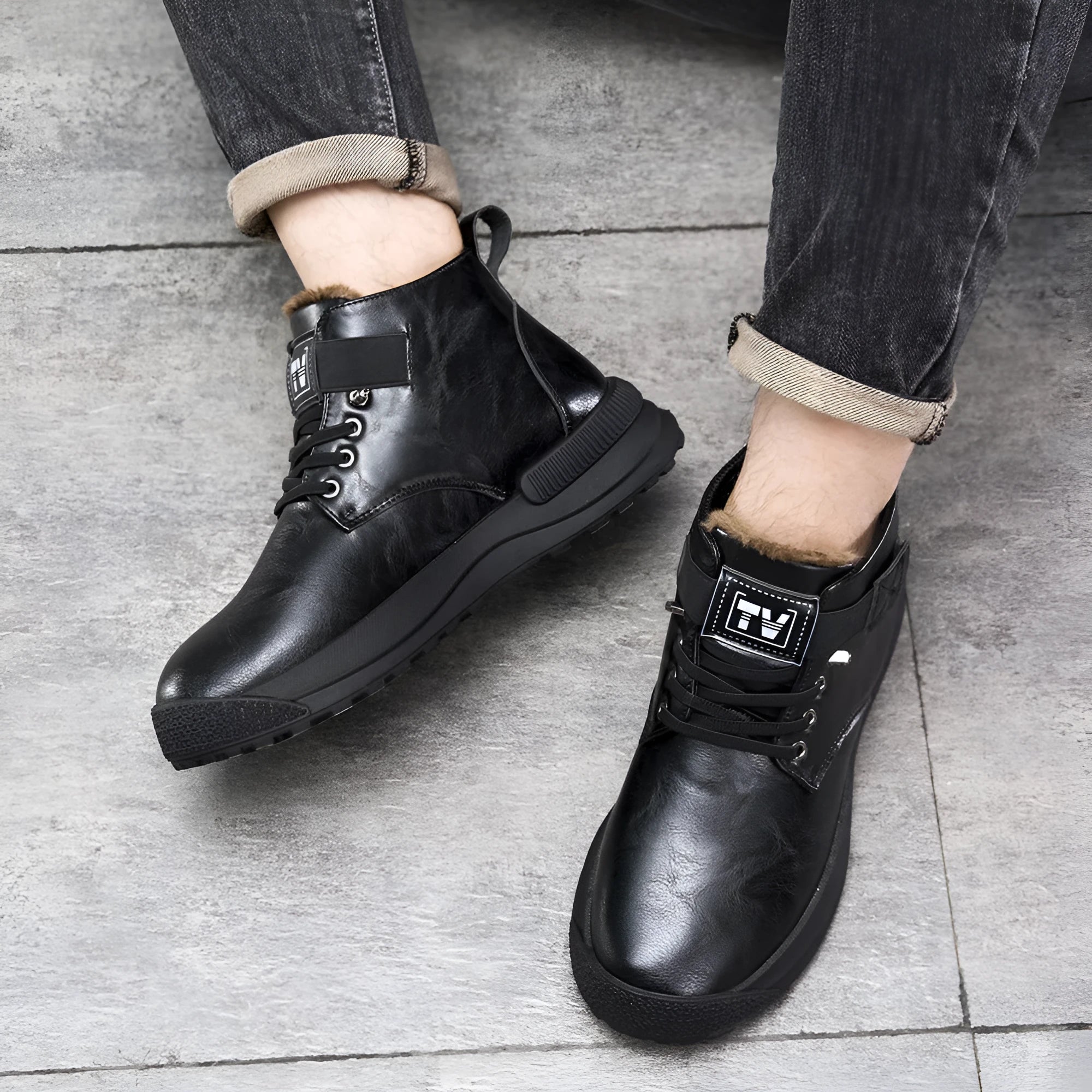 Black and brown platform Martin boots with high-top design and rubber sole
