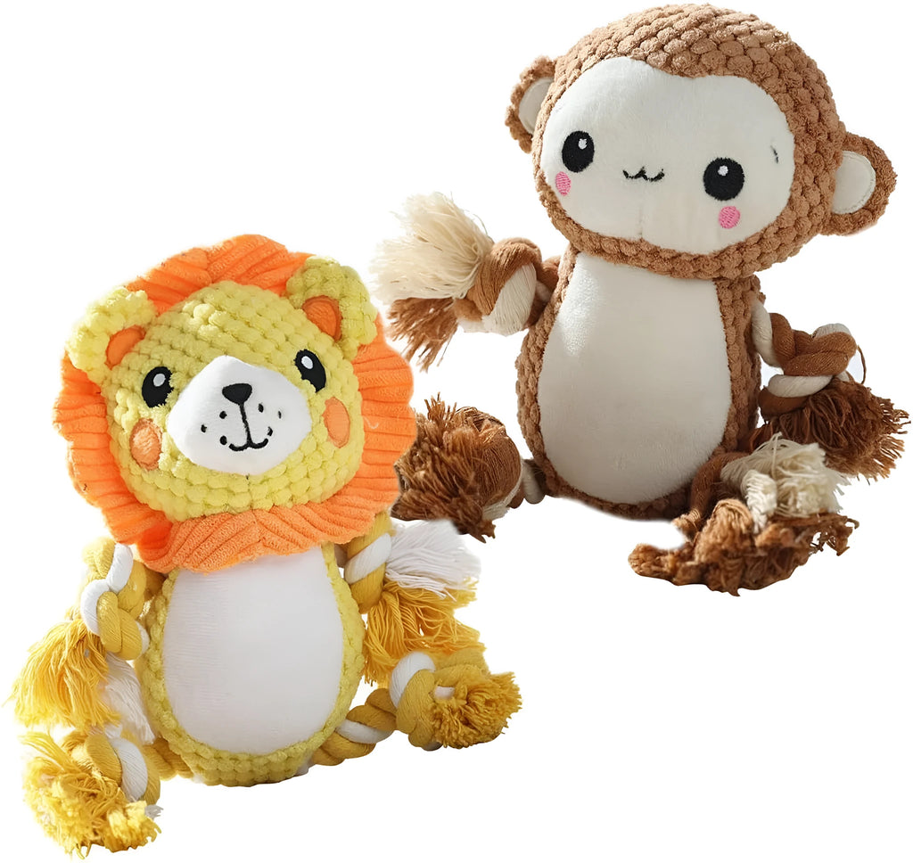 Monkey and lion plush squeaky dog toys bundle for medium and large breed dogs