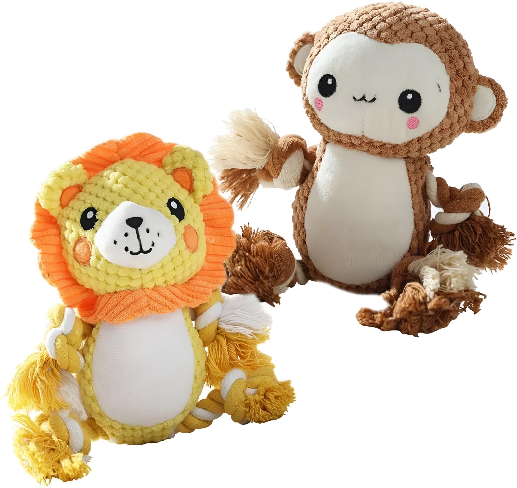 Monkey and lion plush squeaky dog toys bundle for medium and large breed dogs