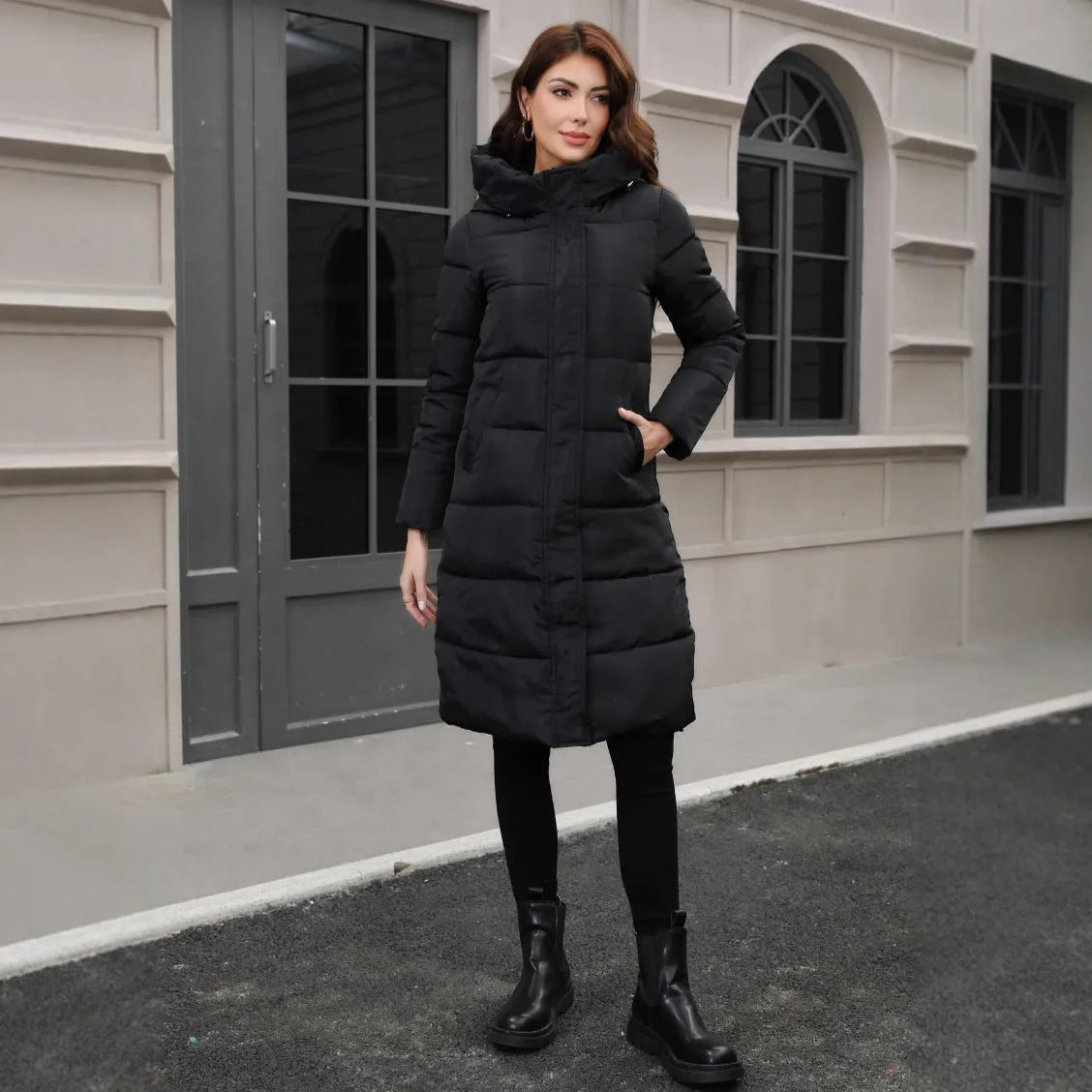 Black hooded slim fit cotton jacket with long sleeves and cold-resistant thickened polyester construction