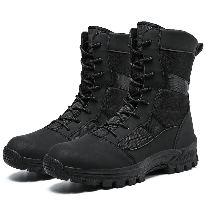 Men's plus size mesh high-top shoes in black and camouflage colours showing sports style combat boot design