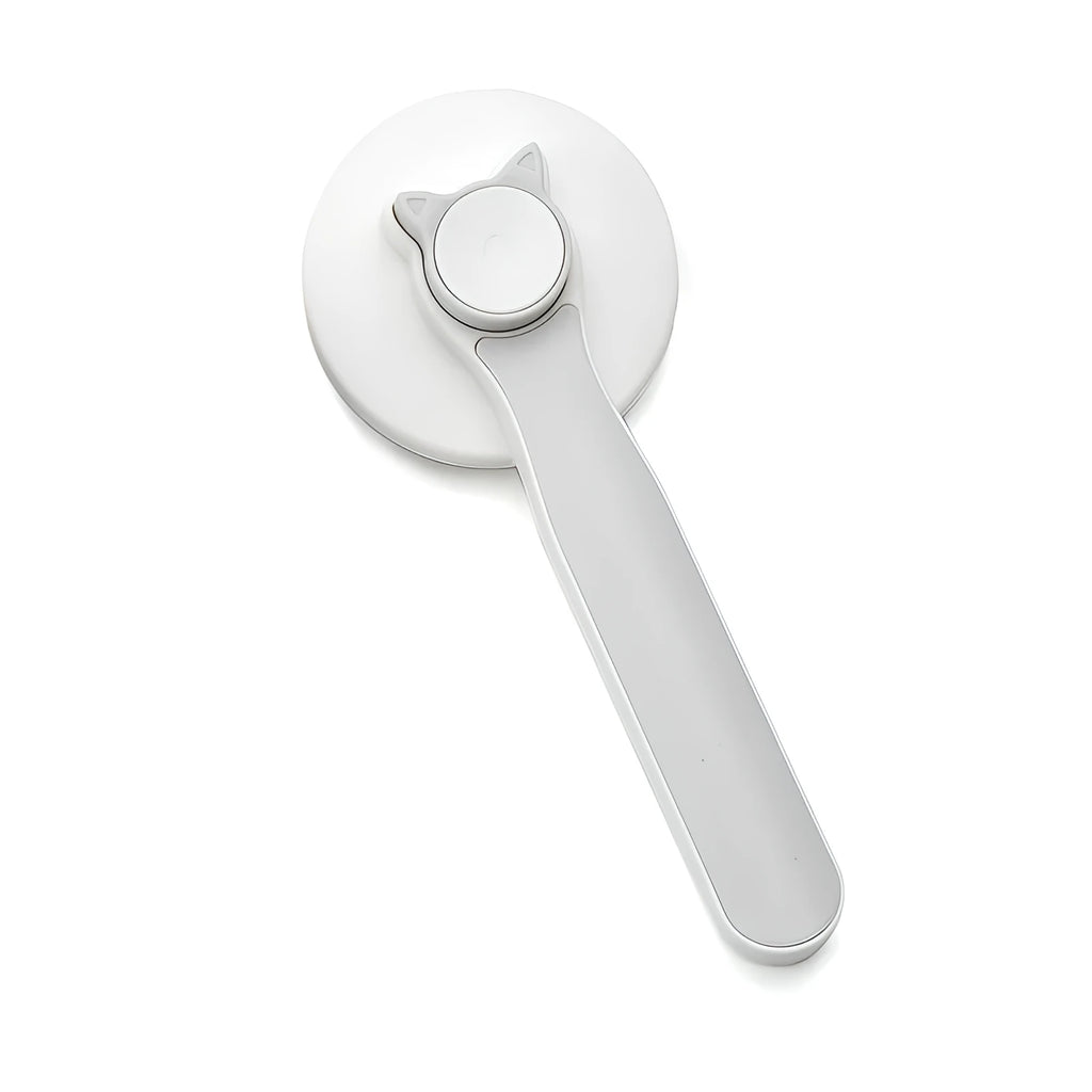 Blue self-cleaning pet grooming brush with rubber handle and stainless steel pins on a white background.