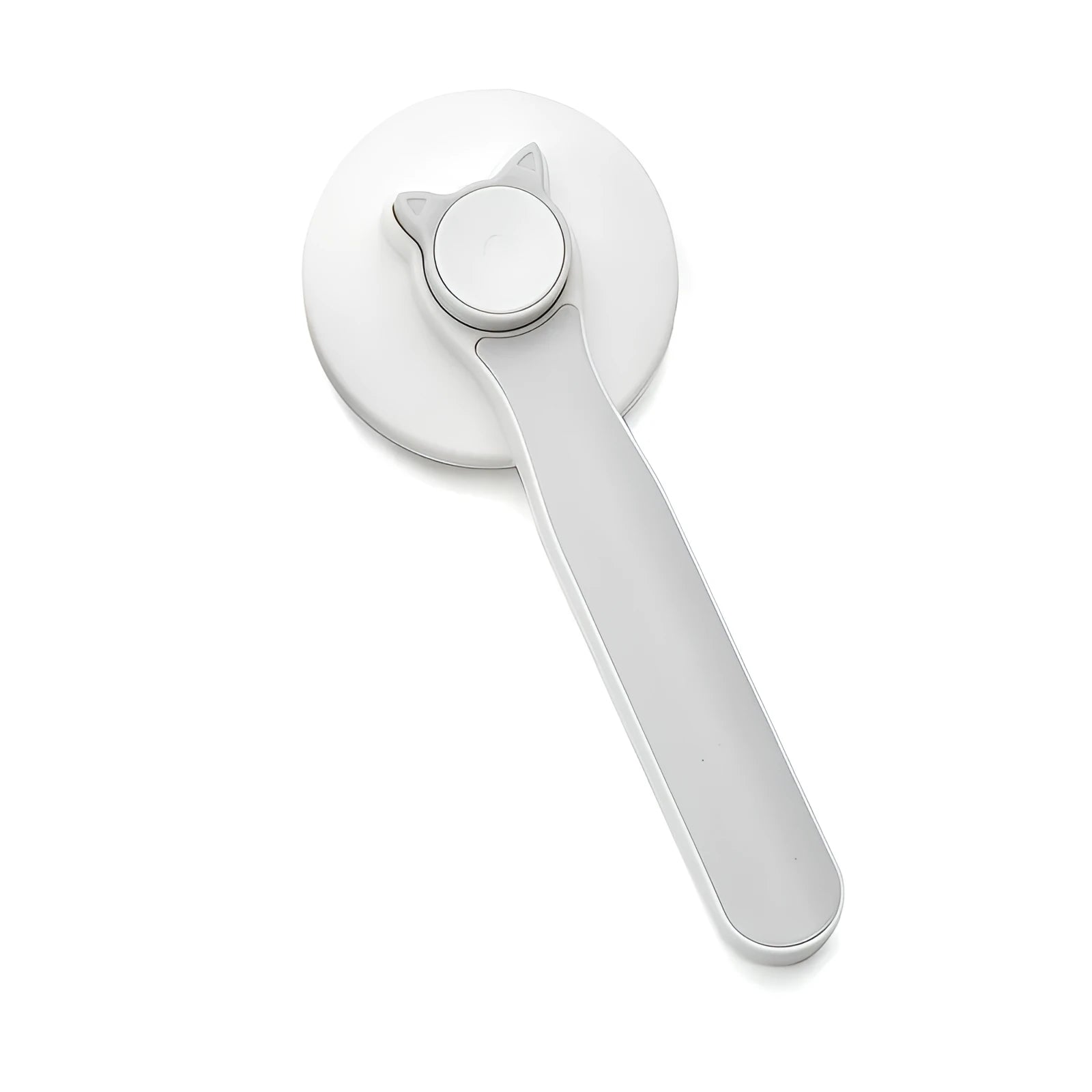 Blue self-cleaning pet grooming brush with rubber handle and stainless steel pins on a white background.