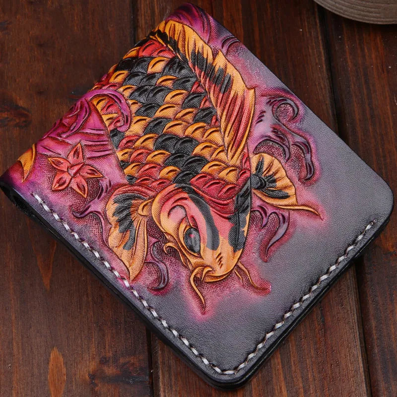 Men's red cow leather short wallet with manual carving and open style, shown next to a blue and gold version.