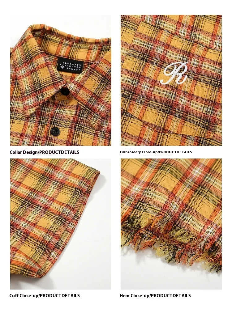 Yellow plaid short sleeve button-up shirt with chest pocket, loose fit unisex design