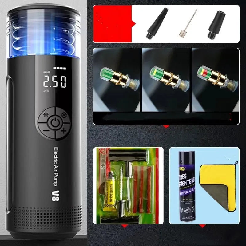 Wireless portable electric car tyre inflator with digital display and long hose