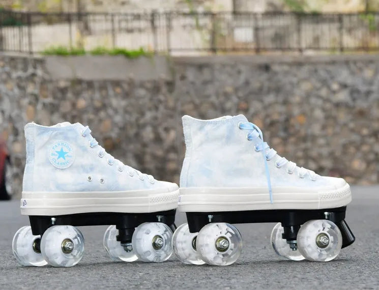 Camouflage canvas double-row roller skates with PU wheels and rubber sole on outdoor surface