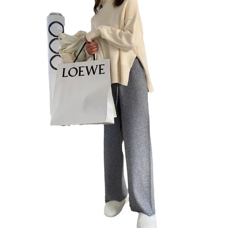 Women's cream white knitted wide-leg trousers with high waist for autumn winter wear