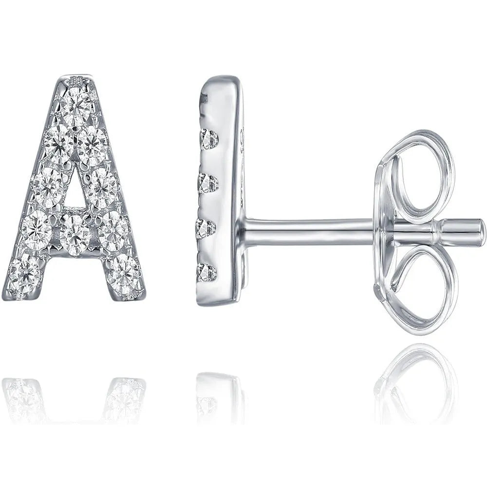 Gold plated brass alphabet letter earrings with zircon detailing showing A-Z character range