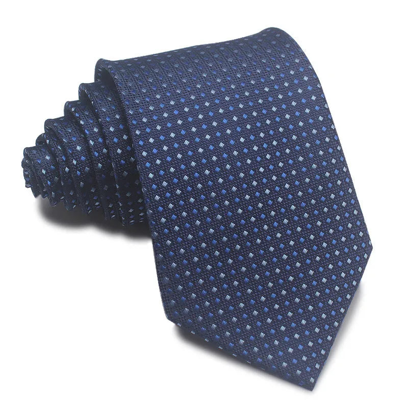 Men's red and black striped polyester jacquard tie with an arrow shape laid flat