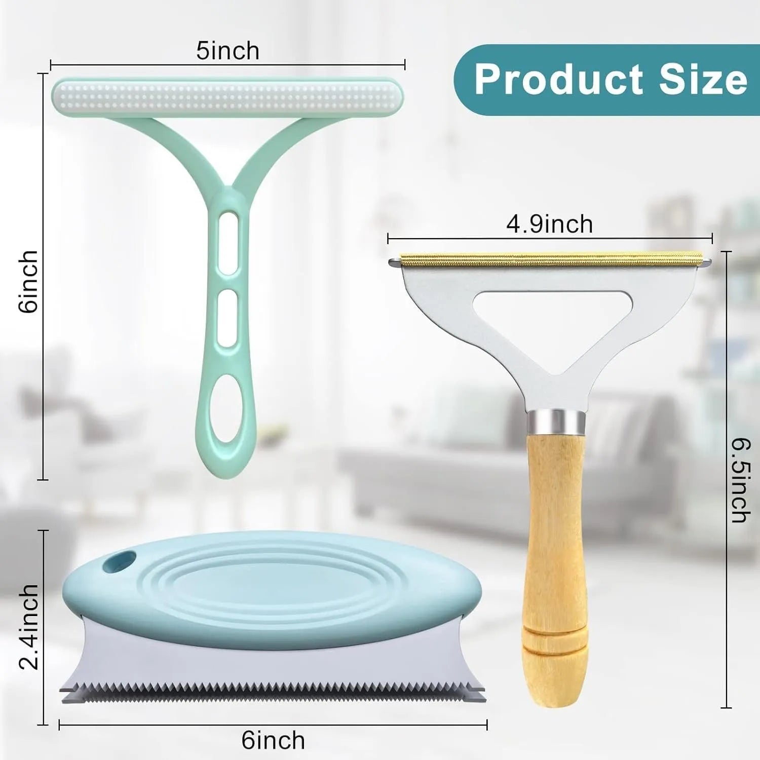 Three-piece pet hair remover set with copper shaver, silicone lint brush and round ABS scraper.