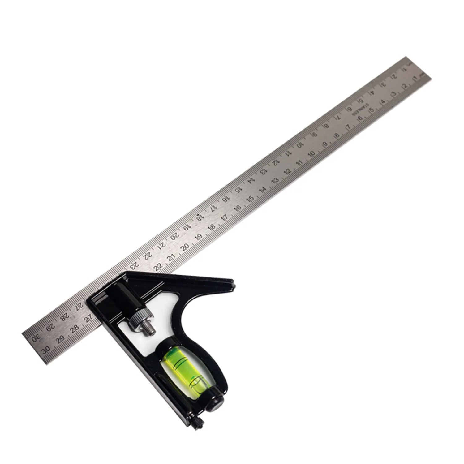 Red metal combination angle ruler showing dual-sided metric and imperial graduation scales.