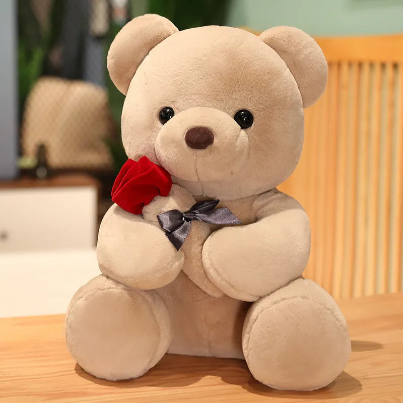 Soft plush Rose Bear teddy bear toy in beige, brown or grey, shown in sizes from 23cm to 45cm.