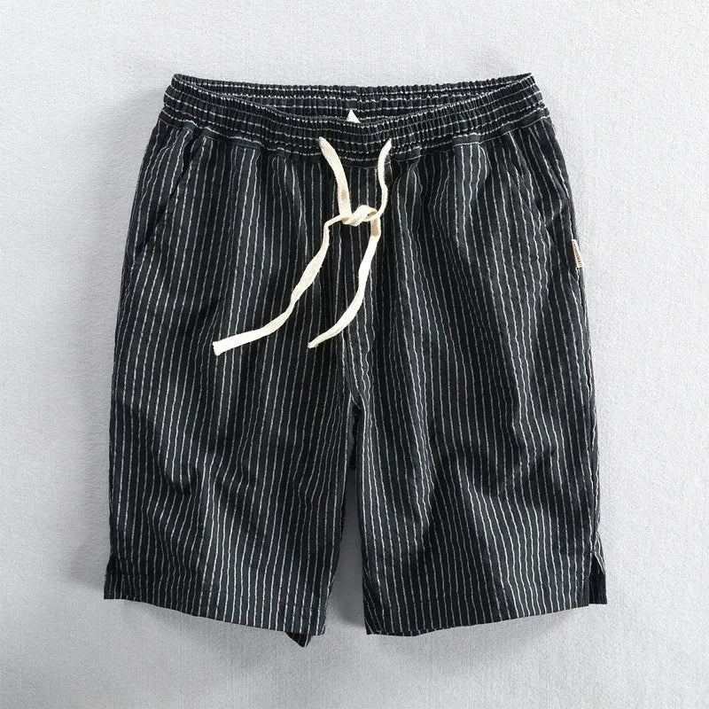 Men's striped casual cotton shorts with an elastic waistband shown in multiple colour options.