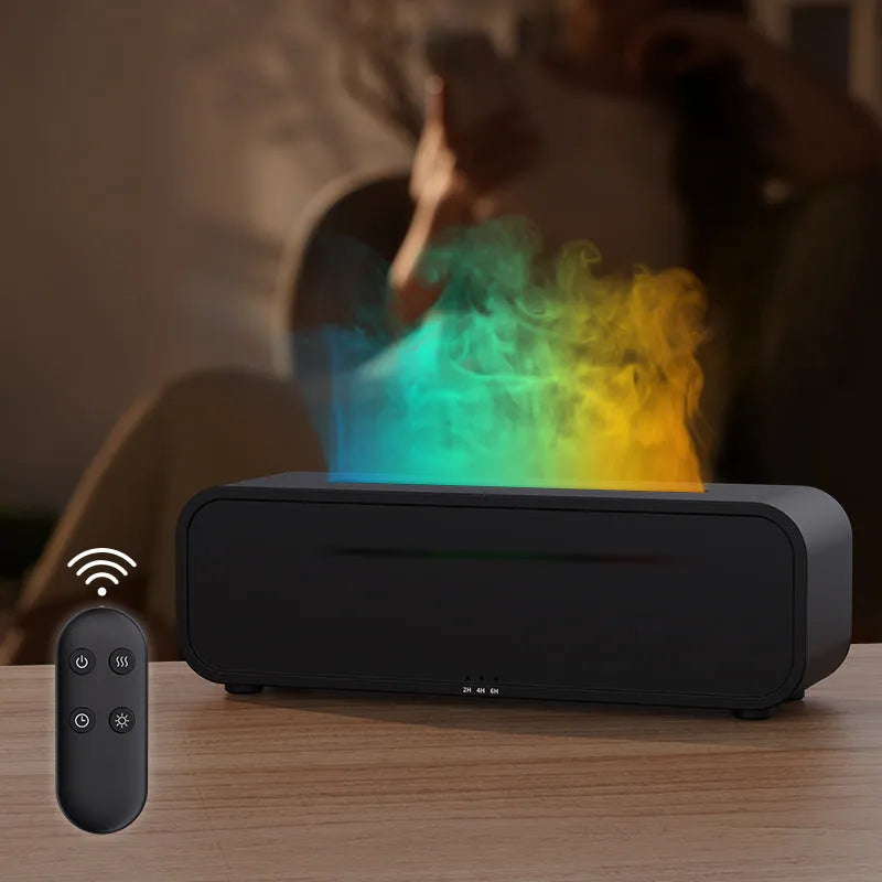 Black or white flame dynamic essential oil diffuser with remote control and colour-changing lights.