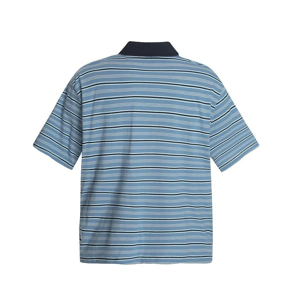 Blue stripe vintage pattern short sleeve cotton polo shirt with loose fit