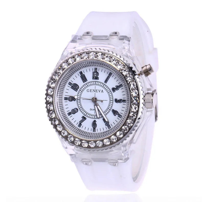 Women's LED luminous quartz watch with round 43mm alloy case and coloured silicone strap